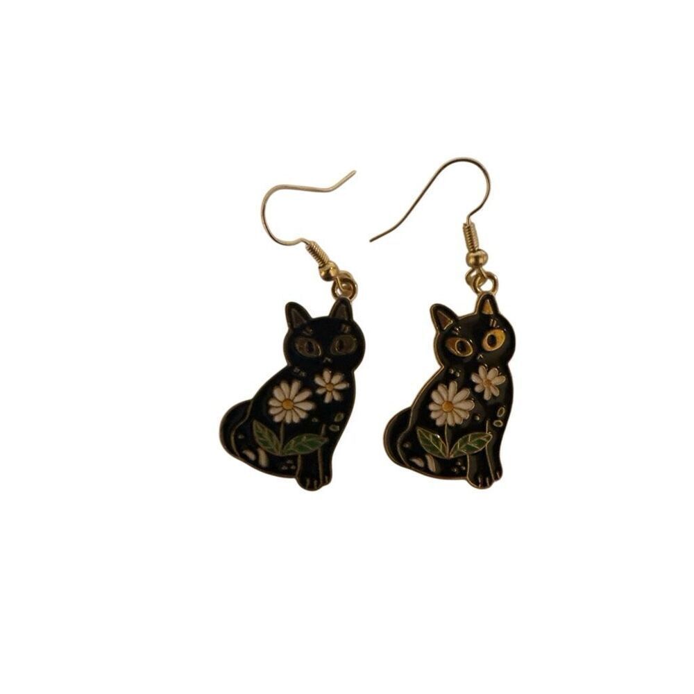Black Cat & Daisy Enamel Earrings